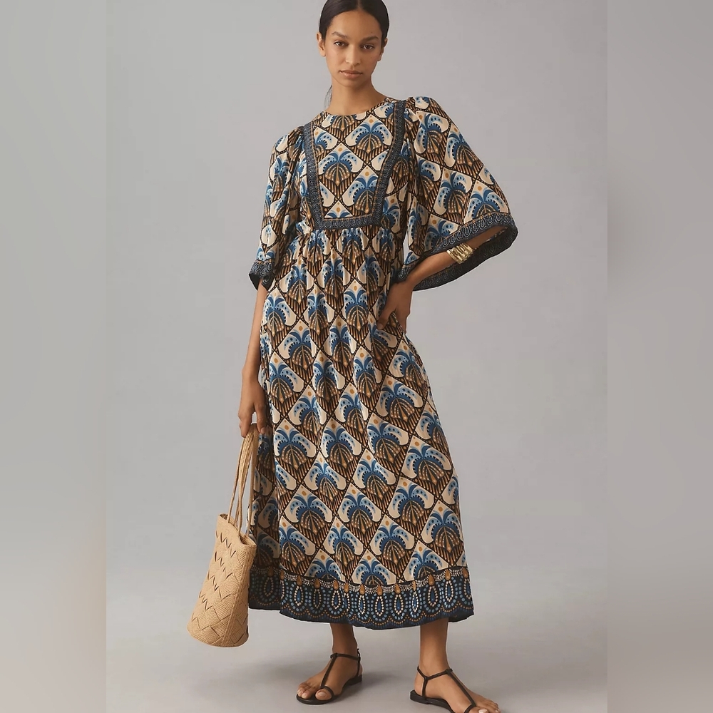 FARM Rio Blue, Brown & Cream Printed Maxi Dress